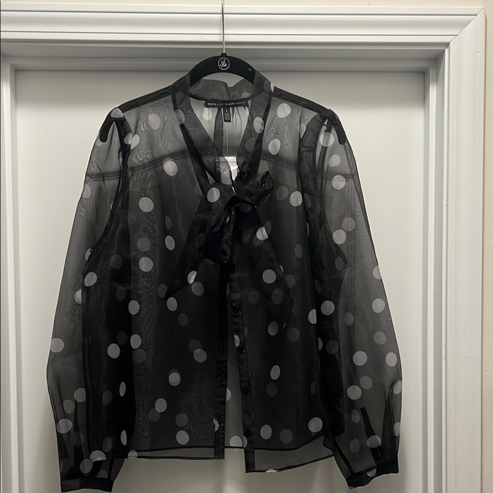 White House Black Market Sheer Black Blouse with White Polka Dots